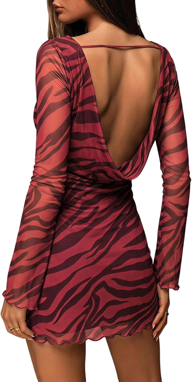 Animal print mesh mini dress with backless draped design and long sleeves