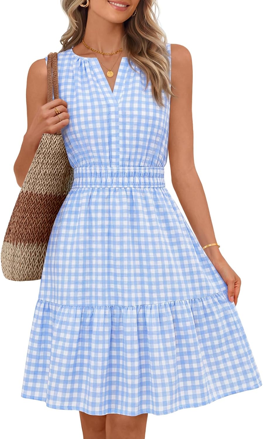 Sleeveless V-neck mini sundress with ruffle hem and elastic waist