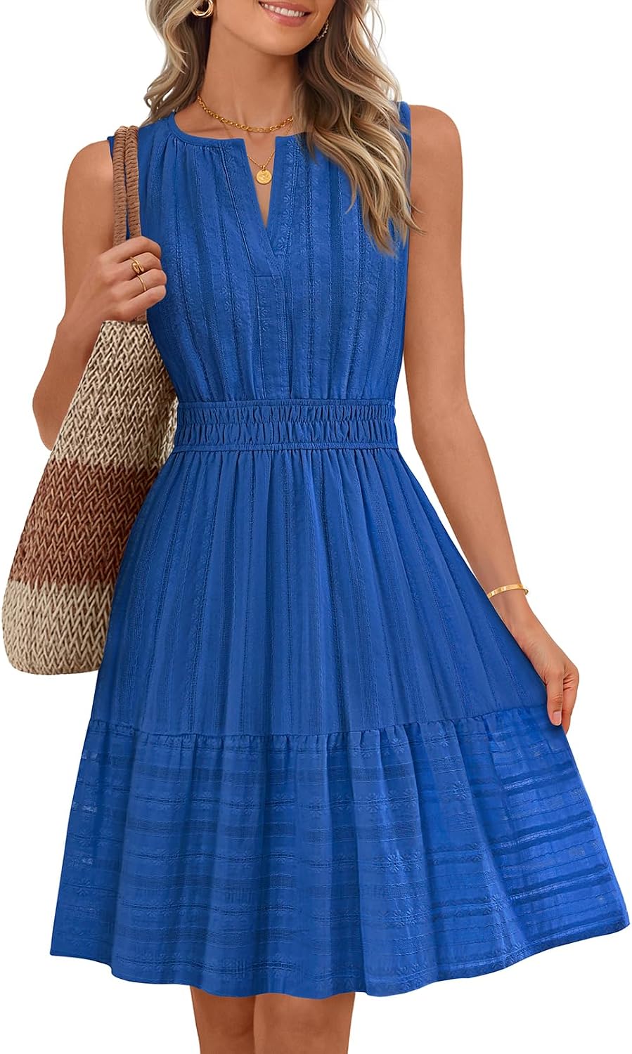 Sleeveless V-neck mini sundress with ruffle hem and elastic waist