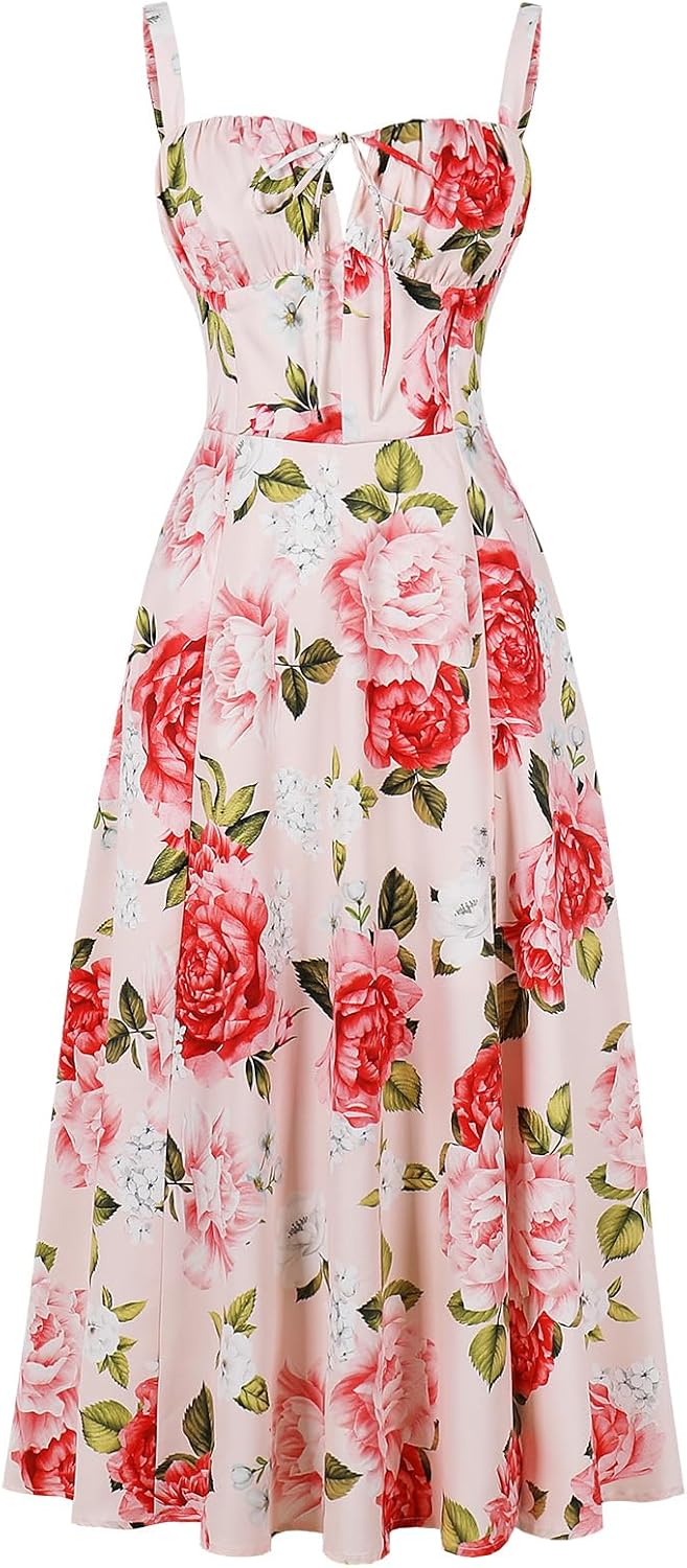 ABEHIK Women Floral Corset Dress Summer Dress 2026 Boho Flowy Slit Lace Up Midi Dresses Going Out A Line Casual Sundress