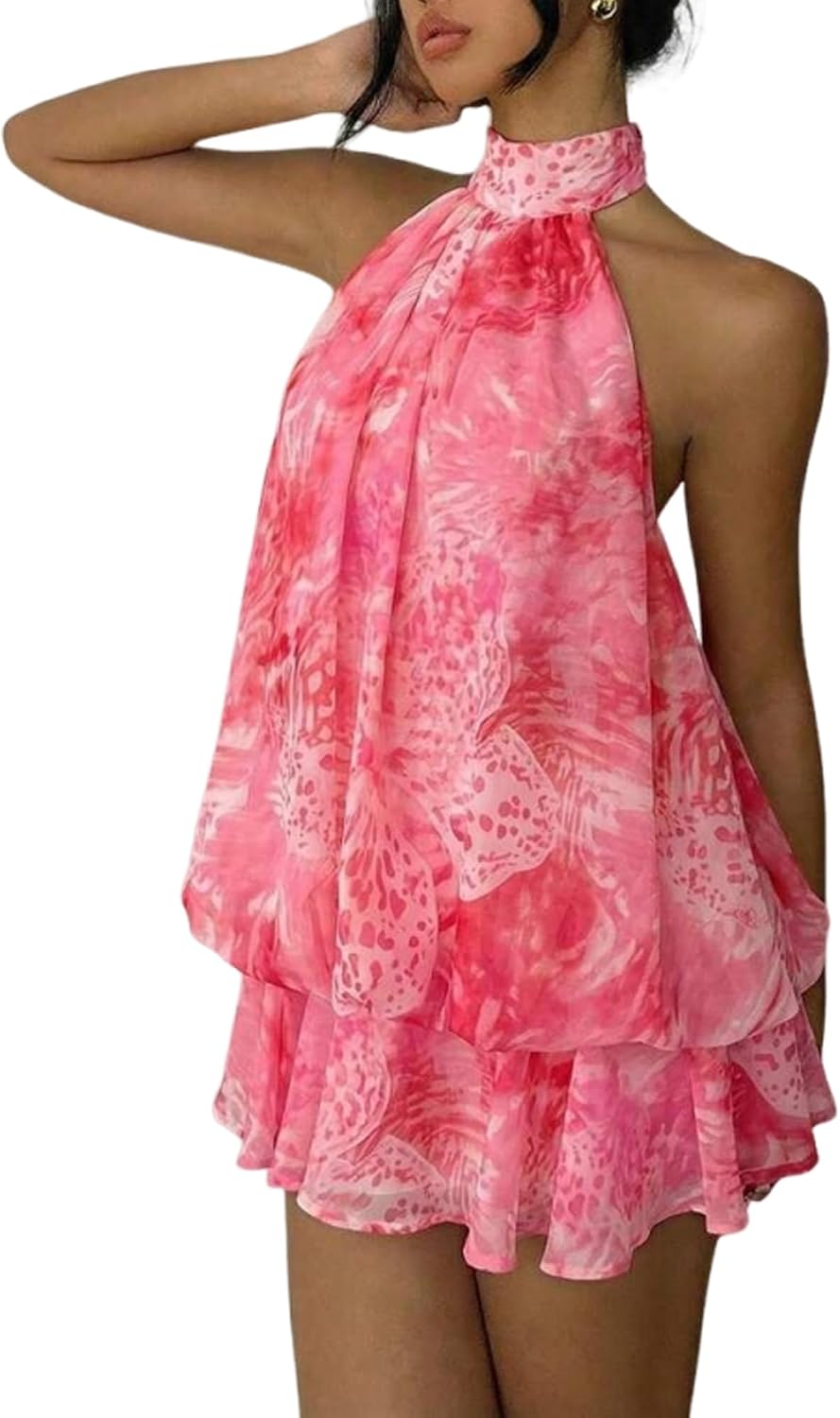 Chiffon halter mini dress with drop waist and ruffle detail
