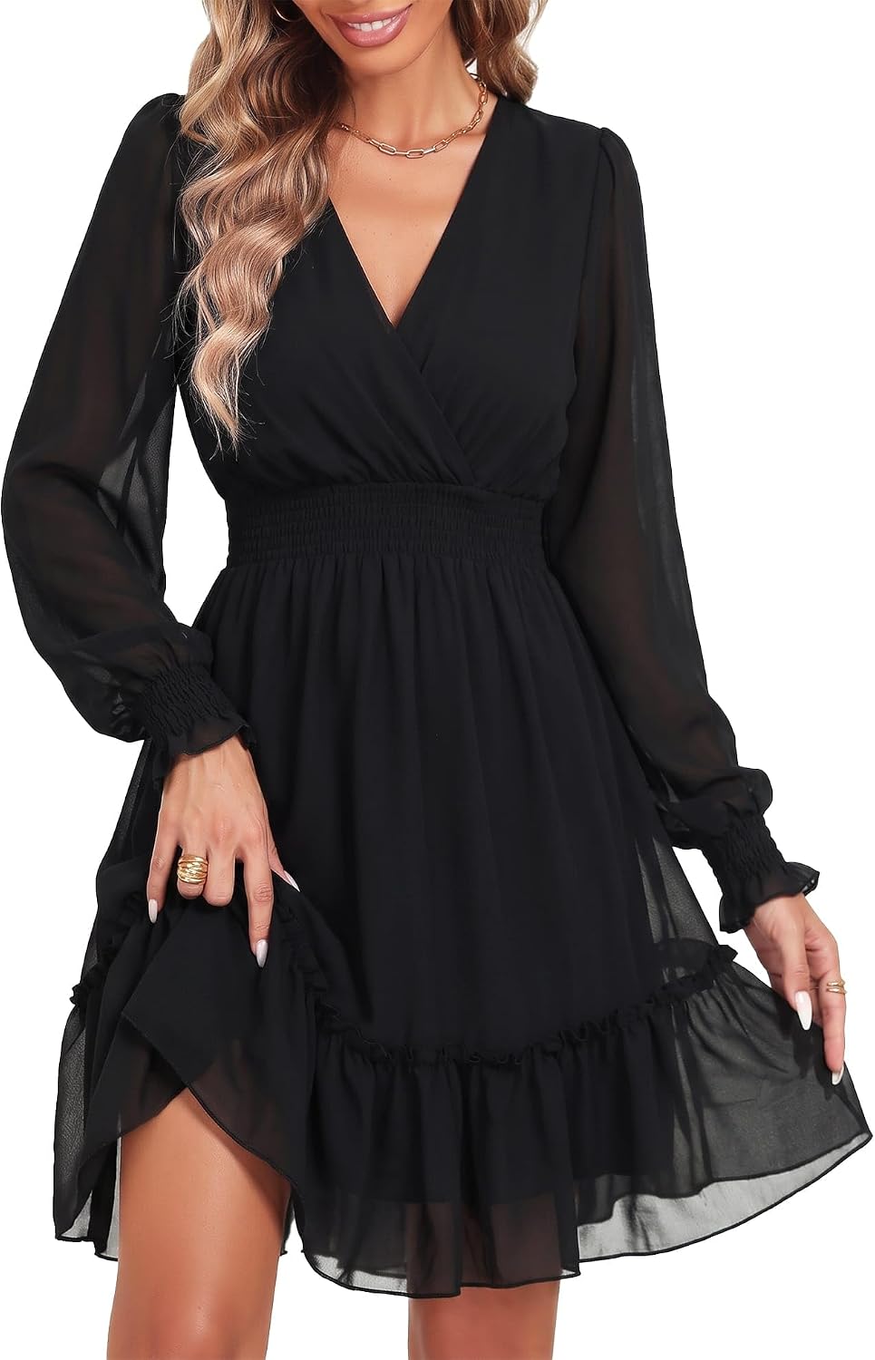 Front view of wrap neck chiffon mini dress