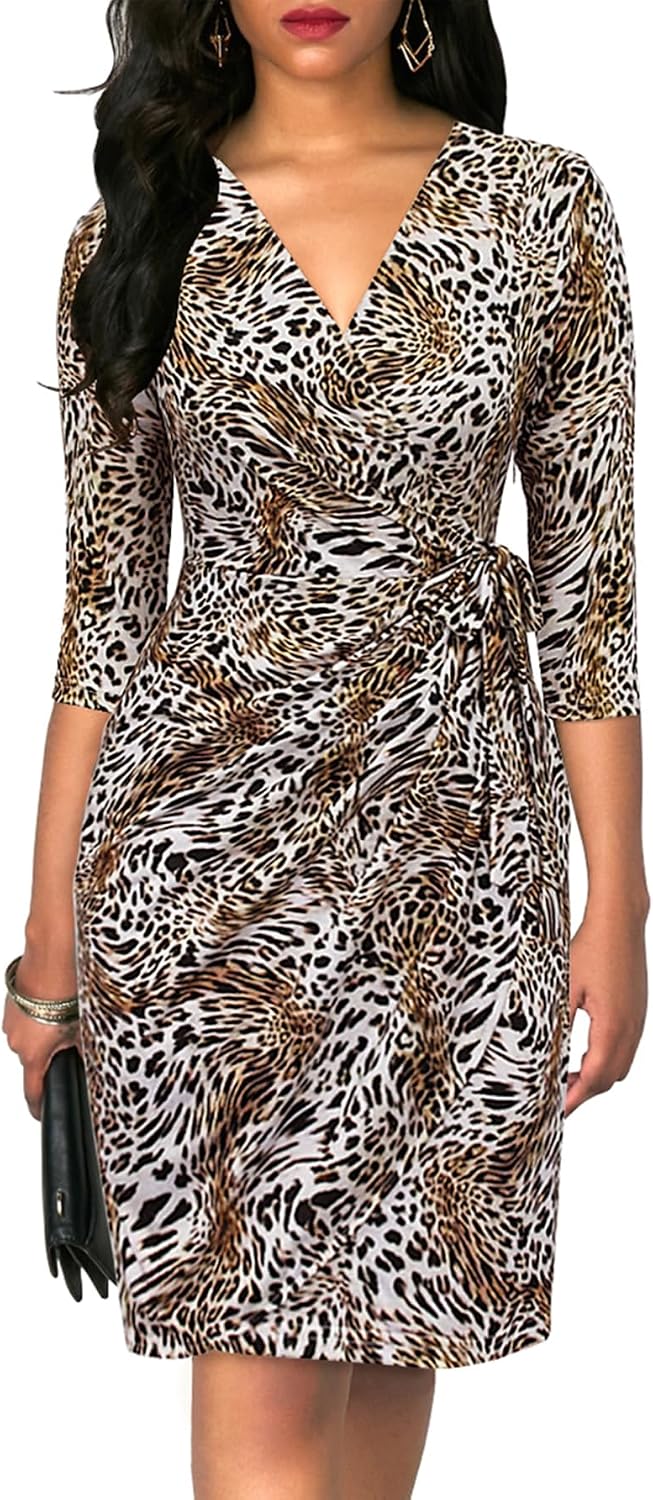 Faux wrap midi dress with V-neck, 3/4 sleeves, and ruched sheath silhouette