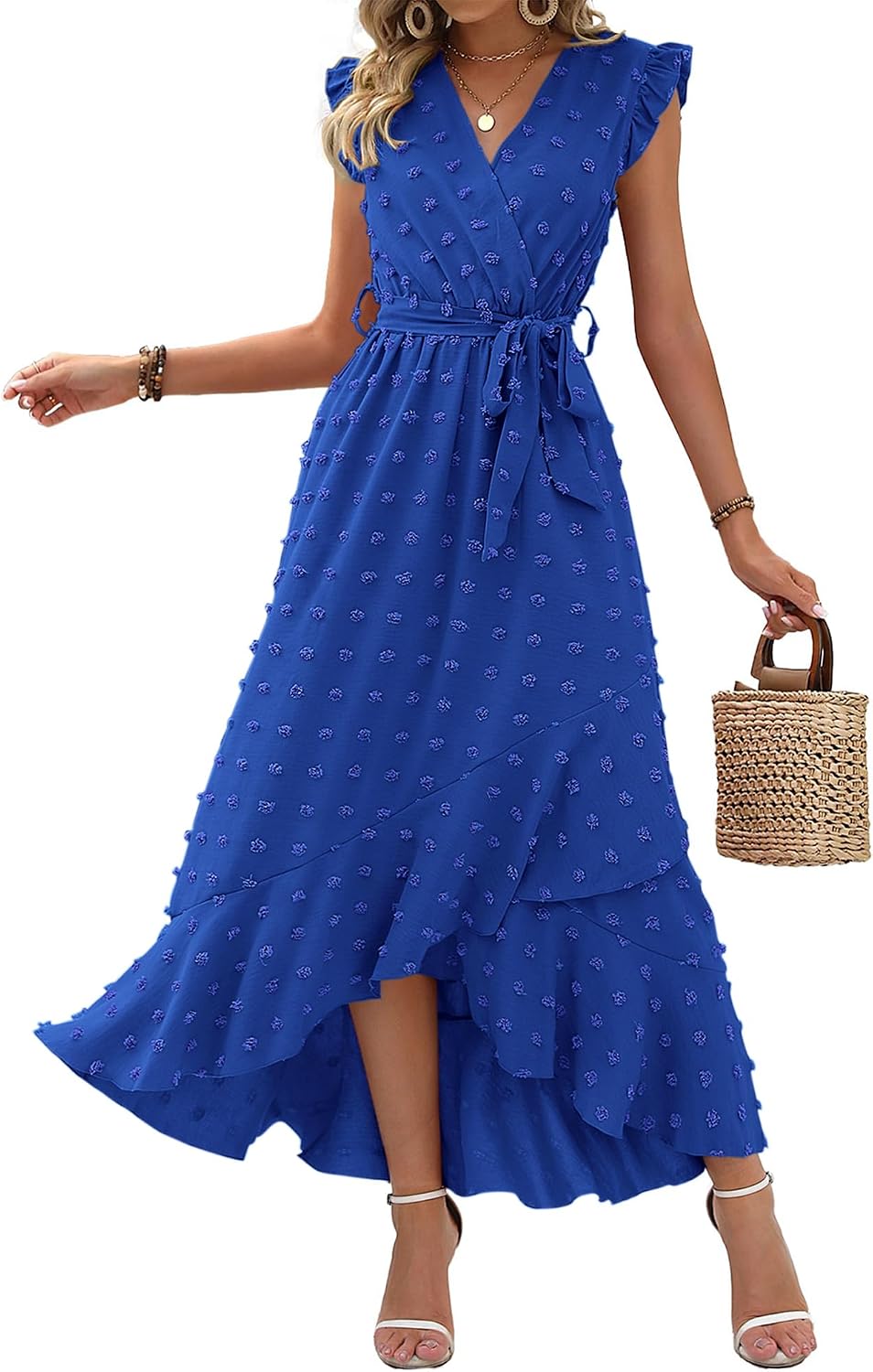 Swiss dot boho maxi dress with cap sleeves and tie waist