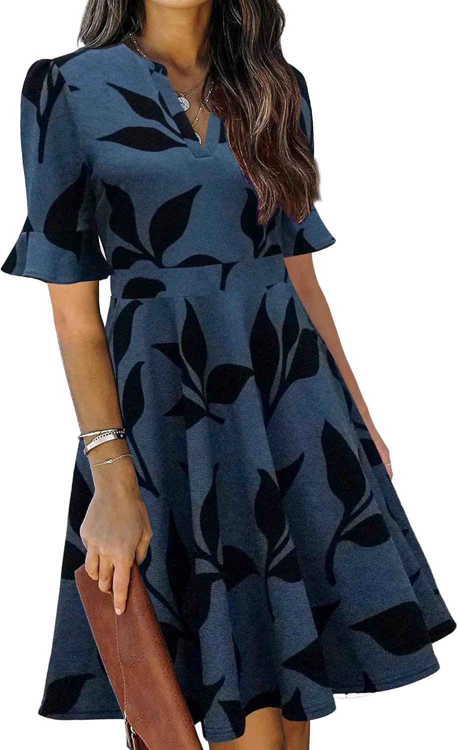 Ruffle sleeve fit-and-flare dress with V-neck and knee-length hem