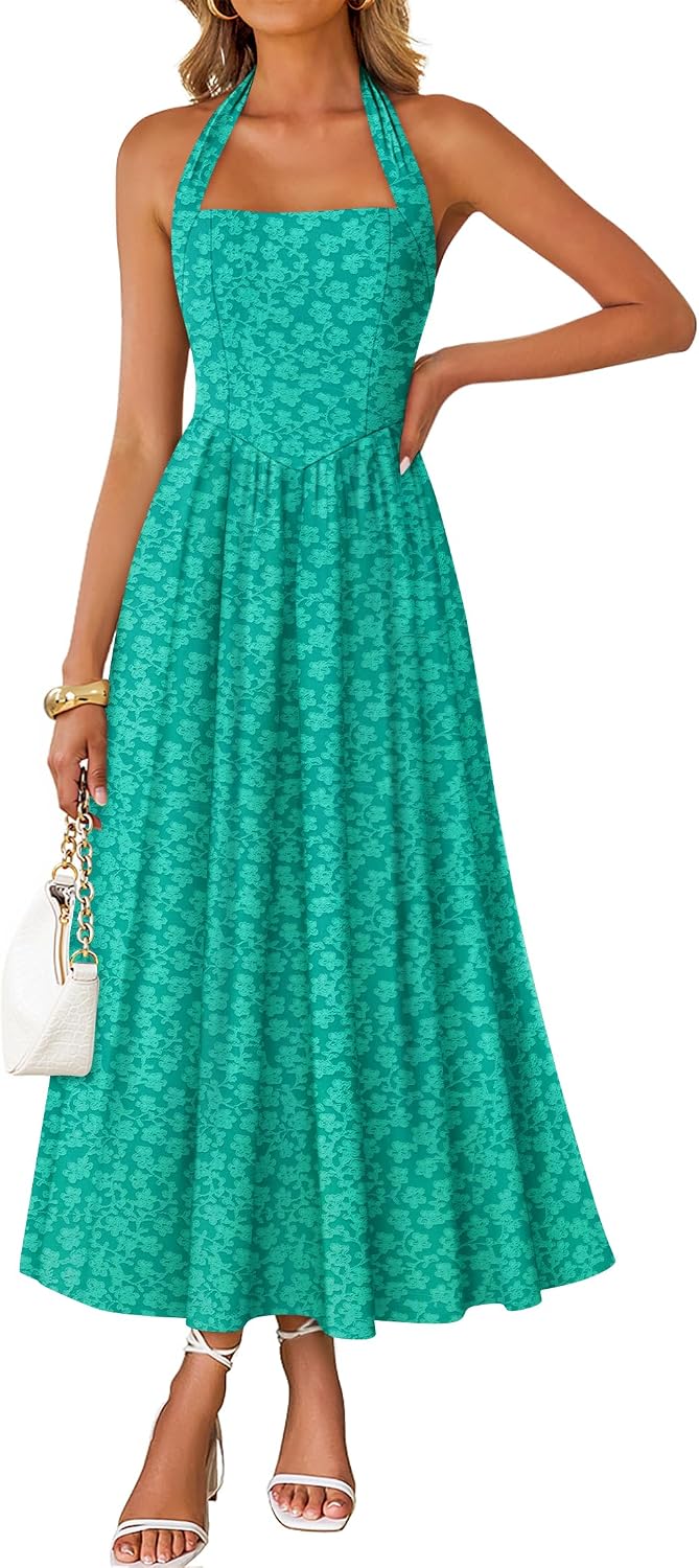 Floral halter maxi dress with flowy A-line skirt