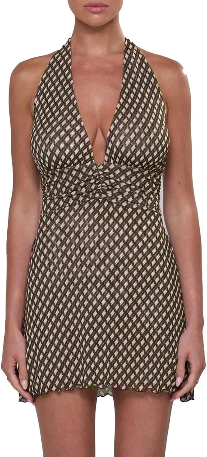 ABYOVRT Women Polka Dot Mini Dress Halter Deep V Neck Backless Dresses Going Out Beach Vacation