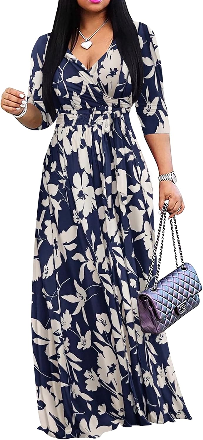 Wrap-style maxi dress with V-neck, 3/4 sleeves, and side pockets