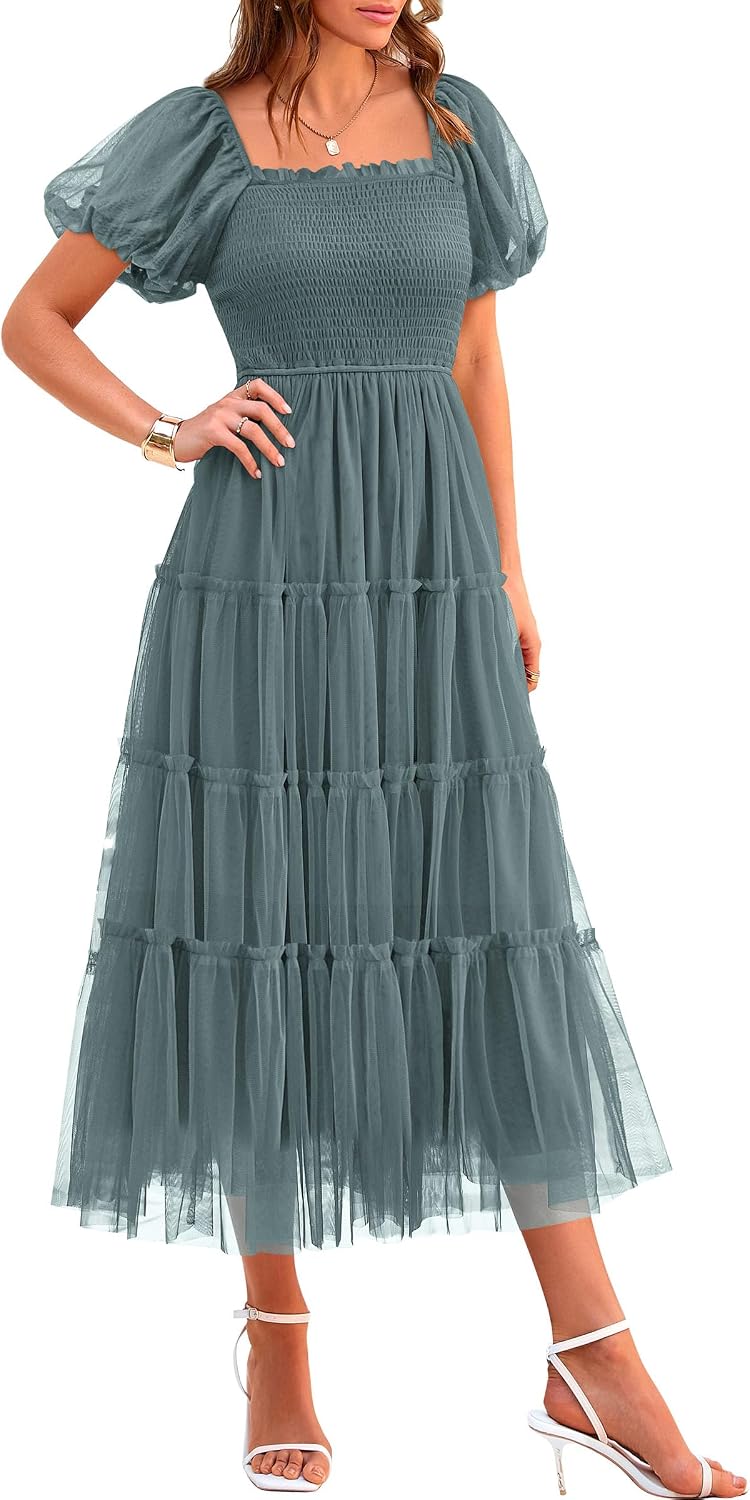 Side view of flowy mesh midi dress