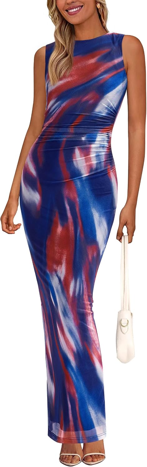 Floral mesh maxi dress with sleeveless design and ruched bodycon detailing