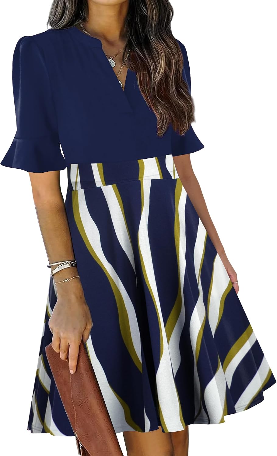 Ruffle sleeve fit-and-flare dress with V-neck and knee-length hem