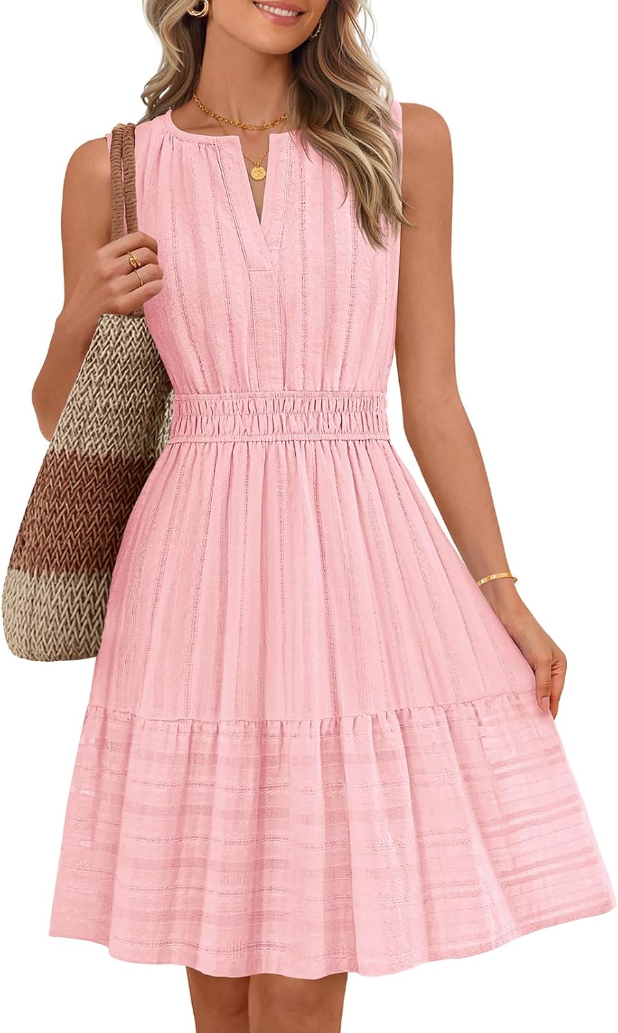 Sleeveless V-neck mini sundress with ruffle hem and elastic waist