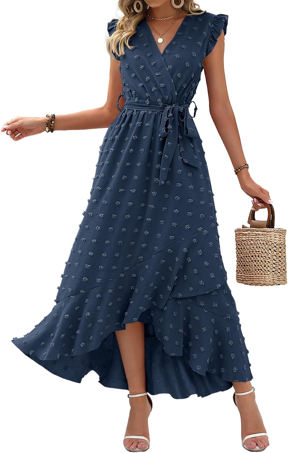 Swiss dot boho maxi dress with cap sleeves and tie waist