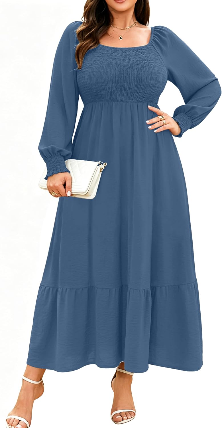 Plus size floral maxi dress with long sleeves and empire waist
