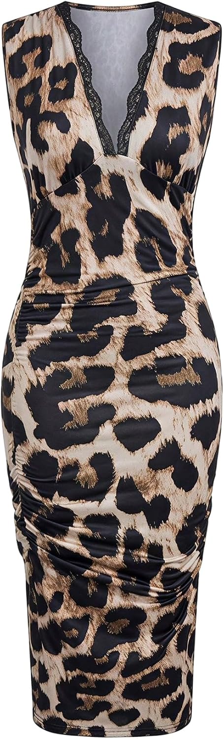 Leopard print bodycon midi dress with lace detail