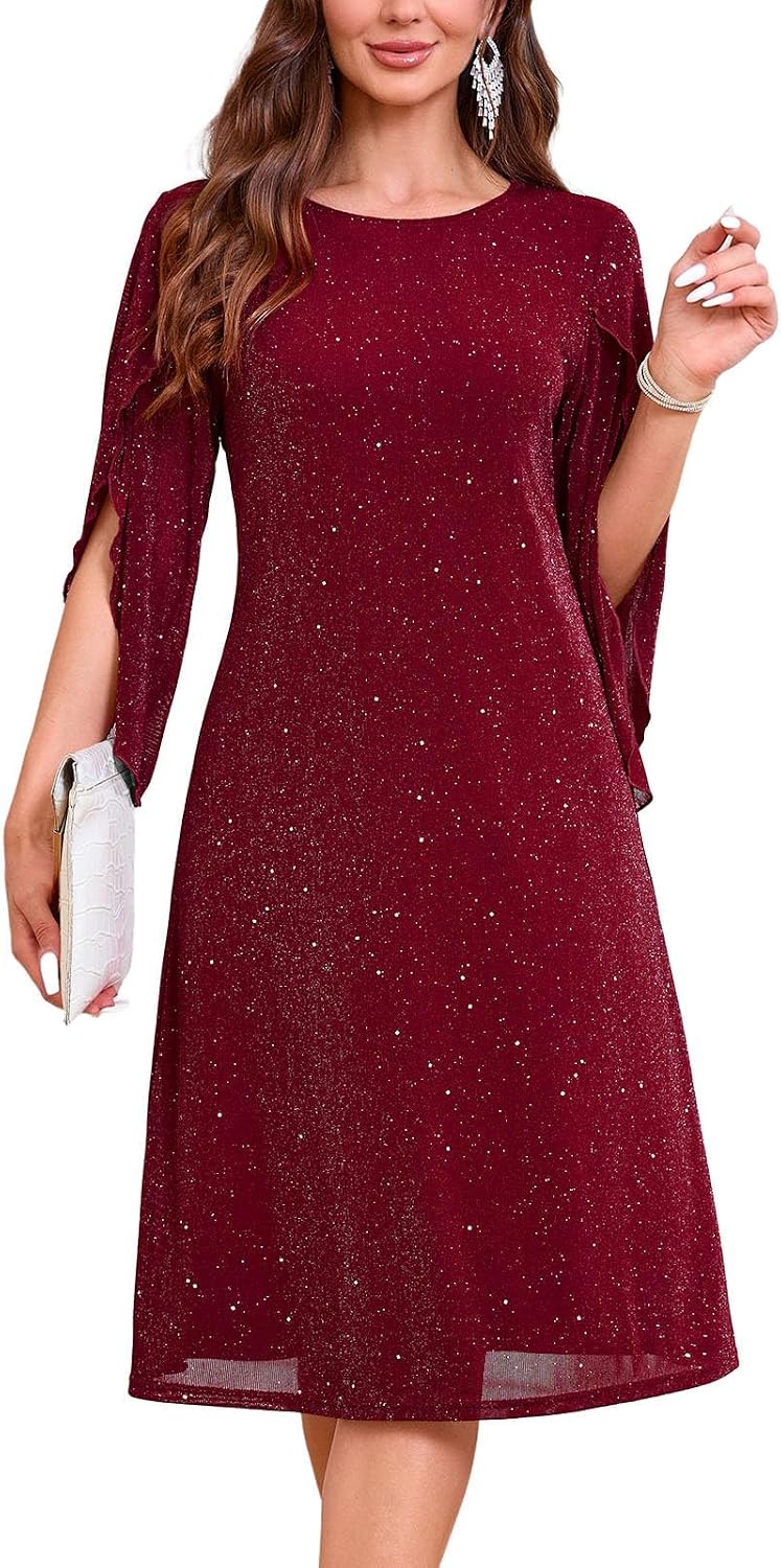 Chiffon midi dress with flutter sleeves and crew neckline