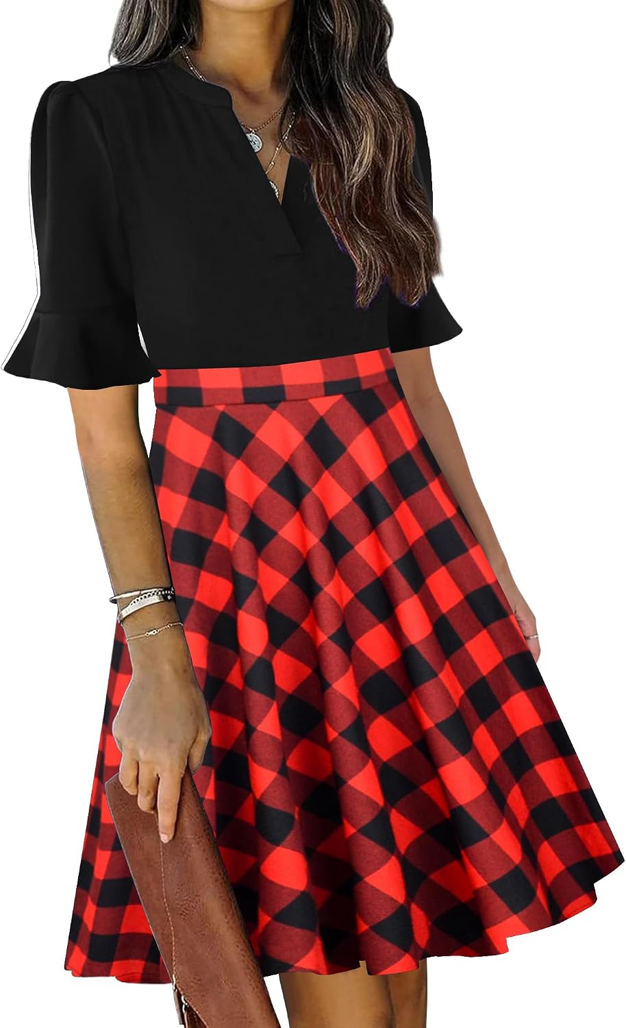 Ruffle sleeve fit-and-flare dress with V-neck and knee-length hem