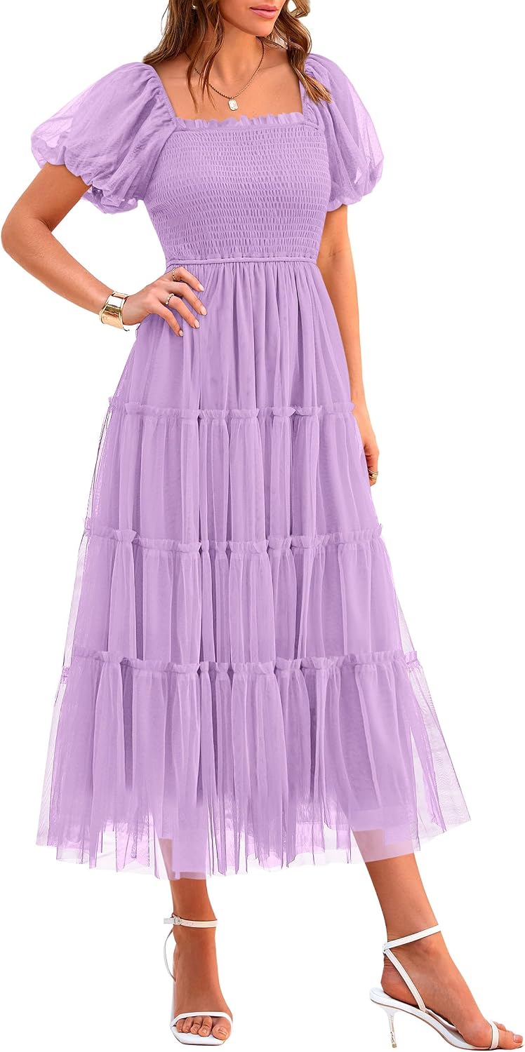 Front view of smocked tulle midi dress