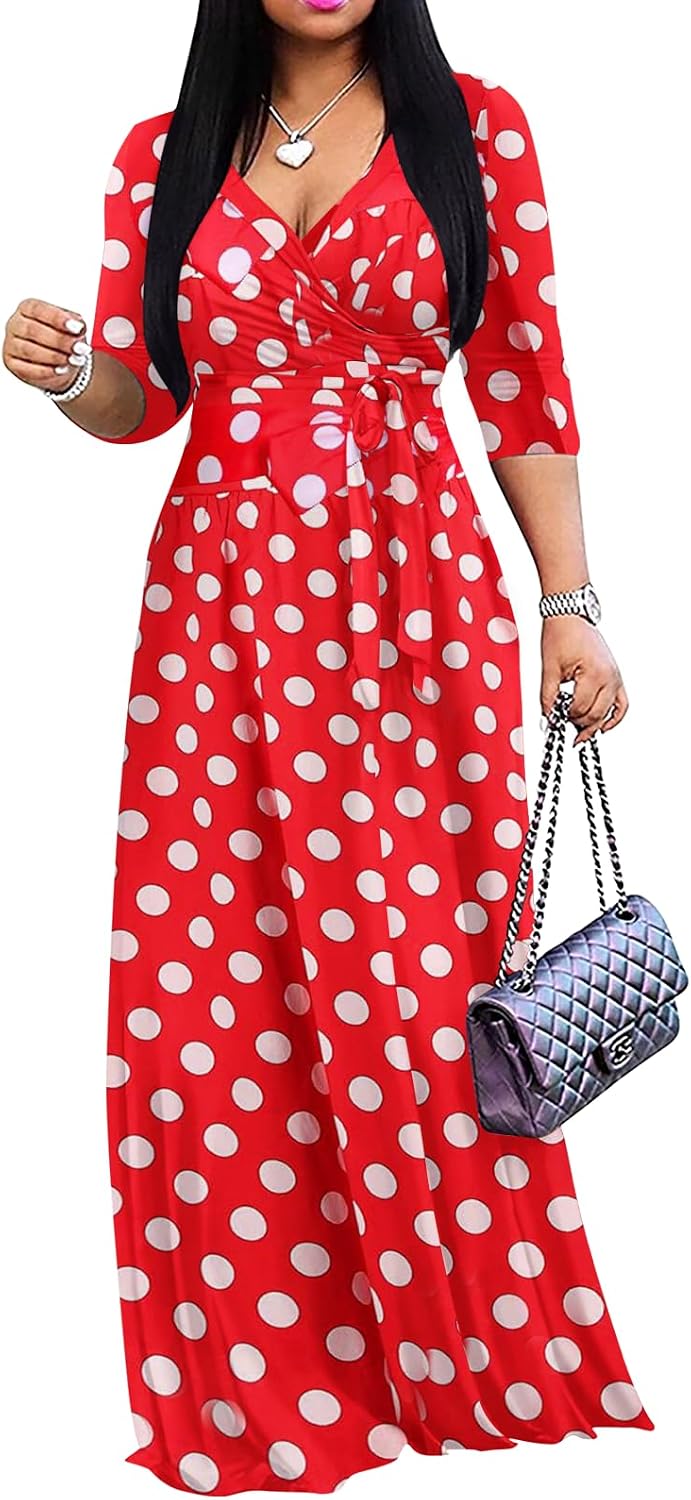 Wrap-style maxi dress with V-neck, 3/4 sleeves, and side pockets