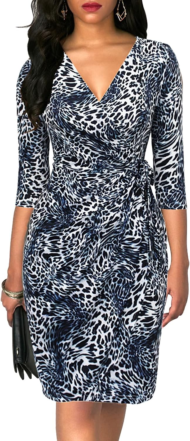 Faux wrap midi dress with V-neck, 3/4 sleeves, and ruched sheath silhouette