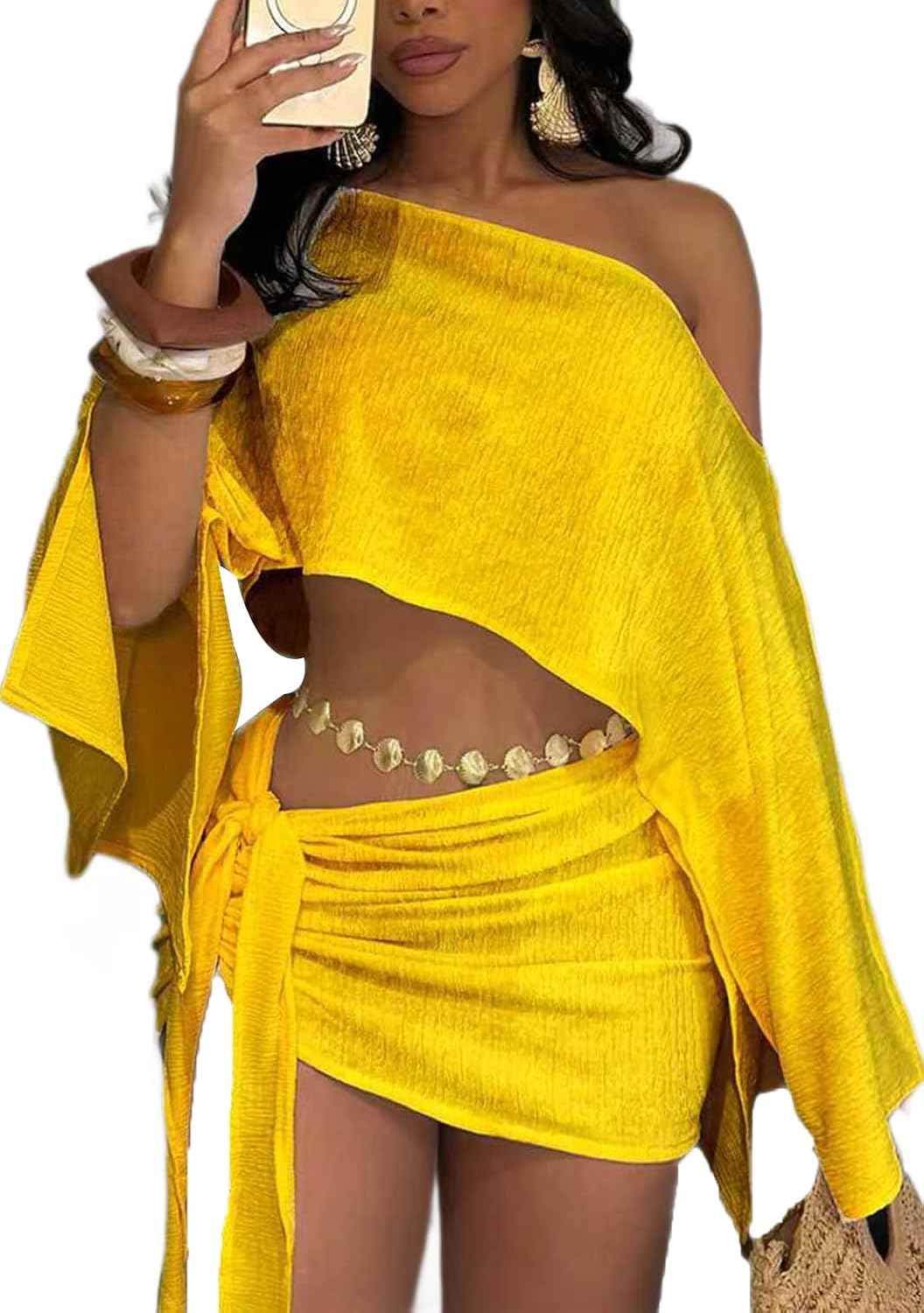 Off-shoulder crop top and mini skirt matching set