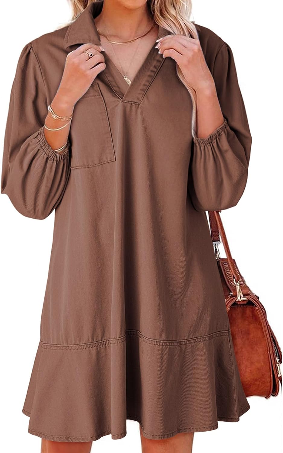 Denim babydoll dress with puff sleeves, V-neck, and mini length