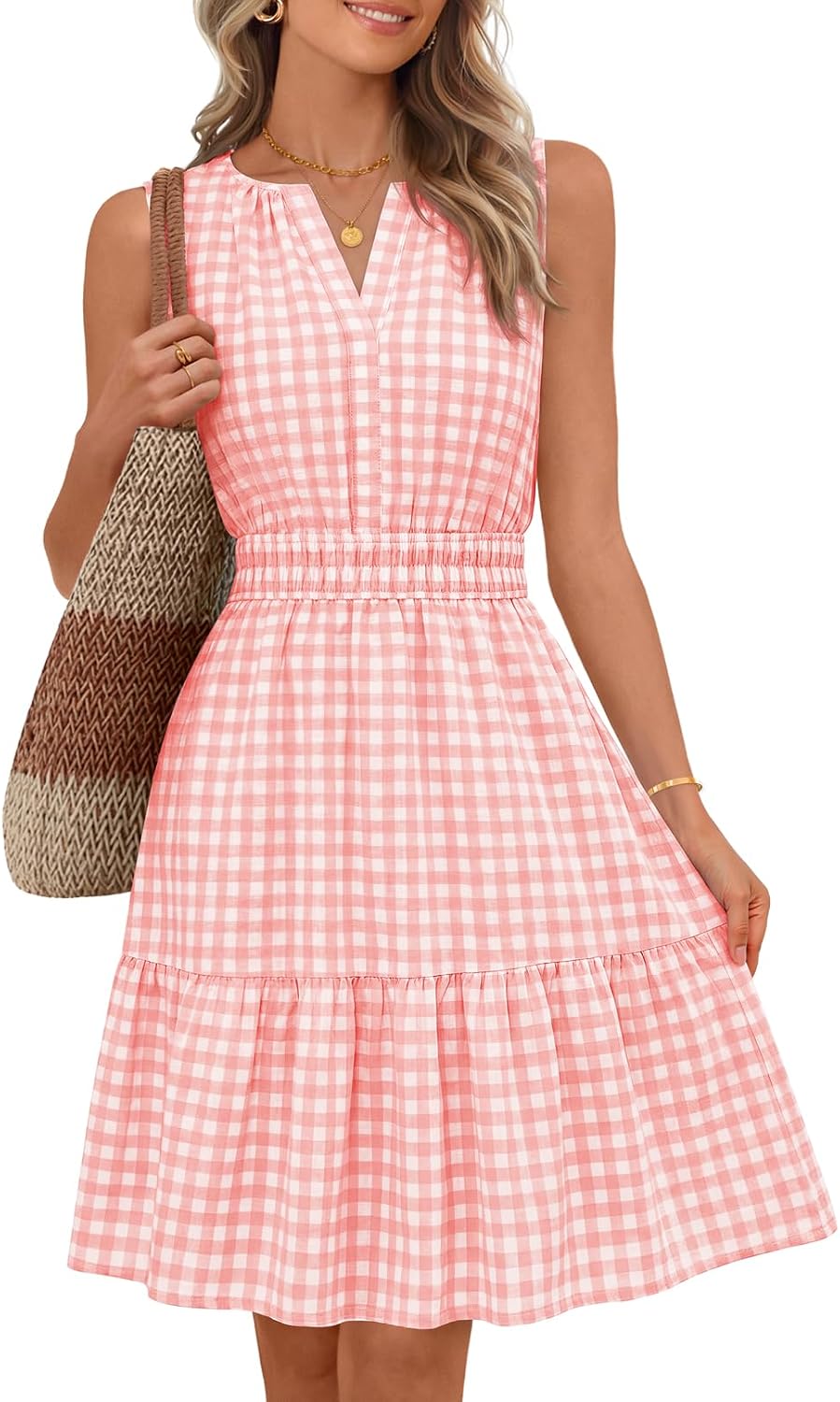Sleeveless V-neck mini sundress with ruffle hem and elastic waist