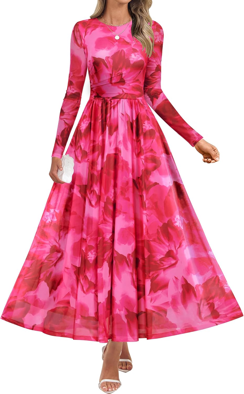 Floral print maxi dress with sheer mesh long sleeves and ruched detailing