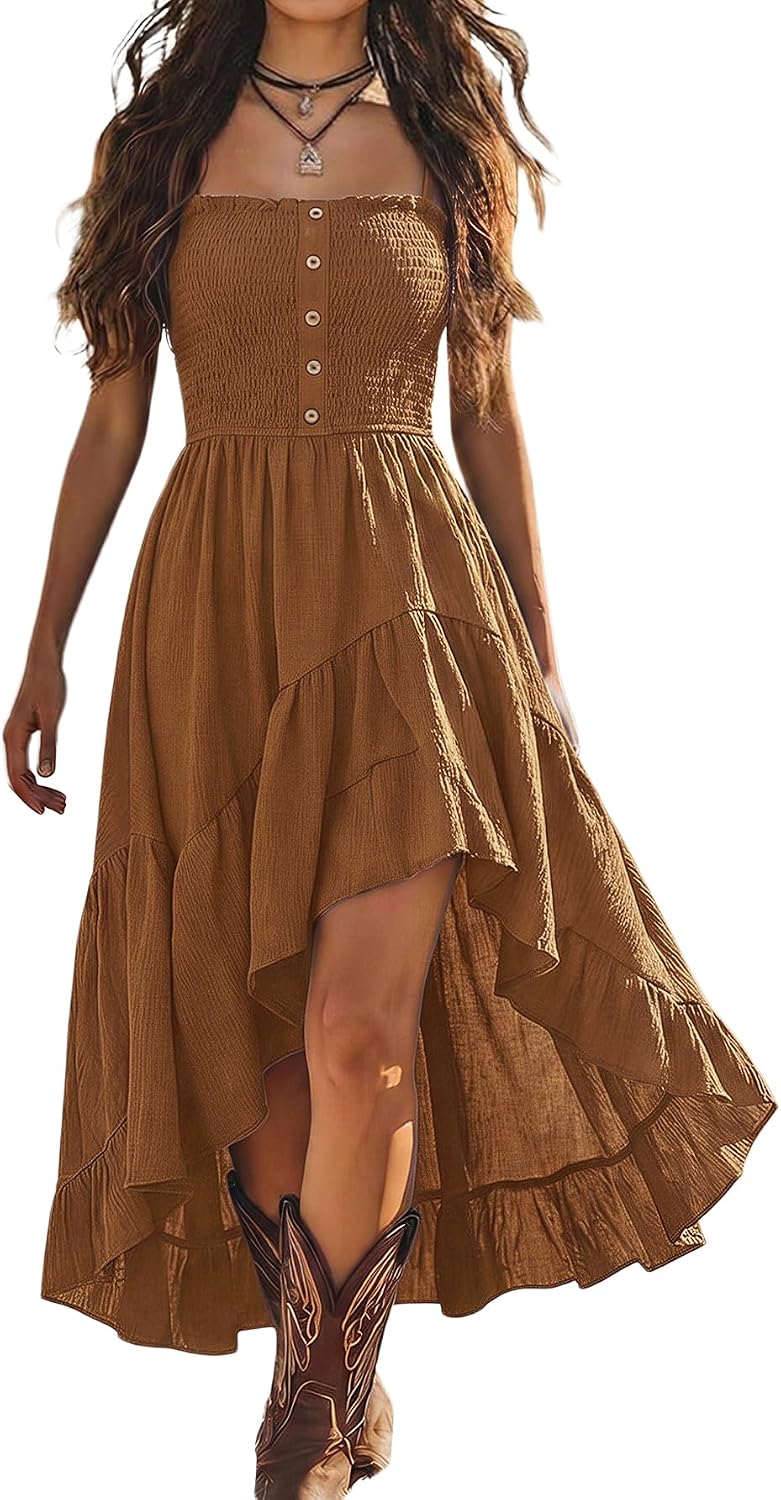 BEAUDRM Women's Western Long Dress Flowy Ruffle Boho Cowgirl Cami Dresses | Country Concert Outfit, Vacation Cowgirl Dress, High Low Hem, Vintage, Flowy, Sleeveless