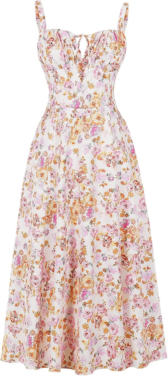 ABEHIK Women Floral Corset Dress Summer Dress 2026 Boho Flowy Slit Lace Up Midi Dresses Going Out A Line Casual Sundress