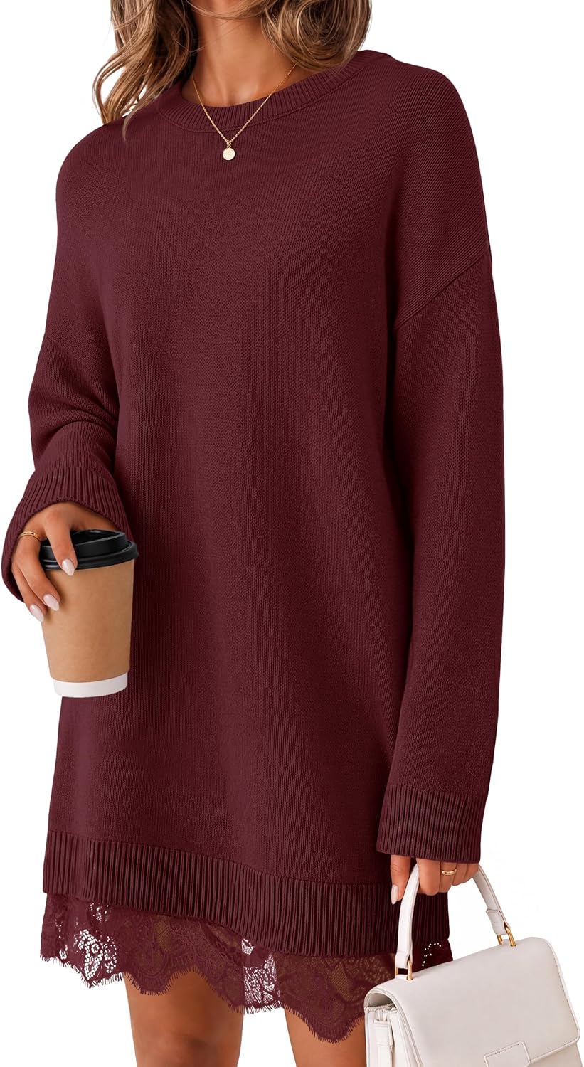 Oversized long sleeve knit sweater dress with crew neck and lace trim