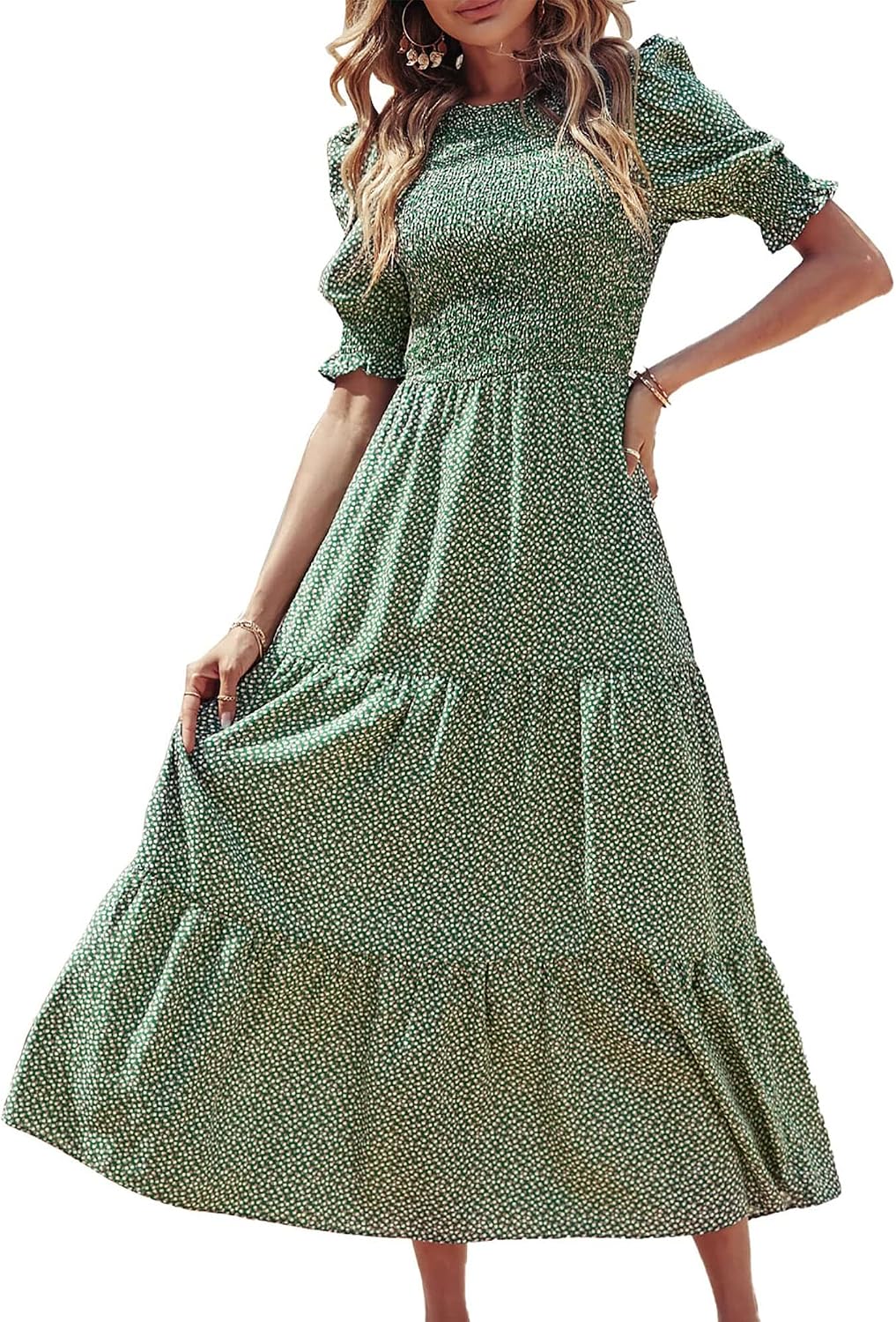 Smocked maxi dress with puff sleeves and tiered skirt