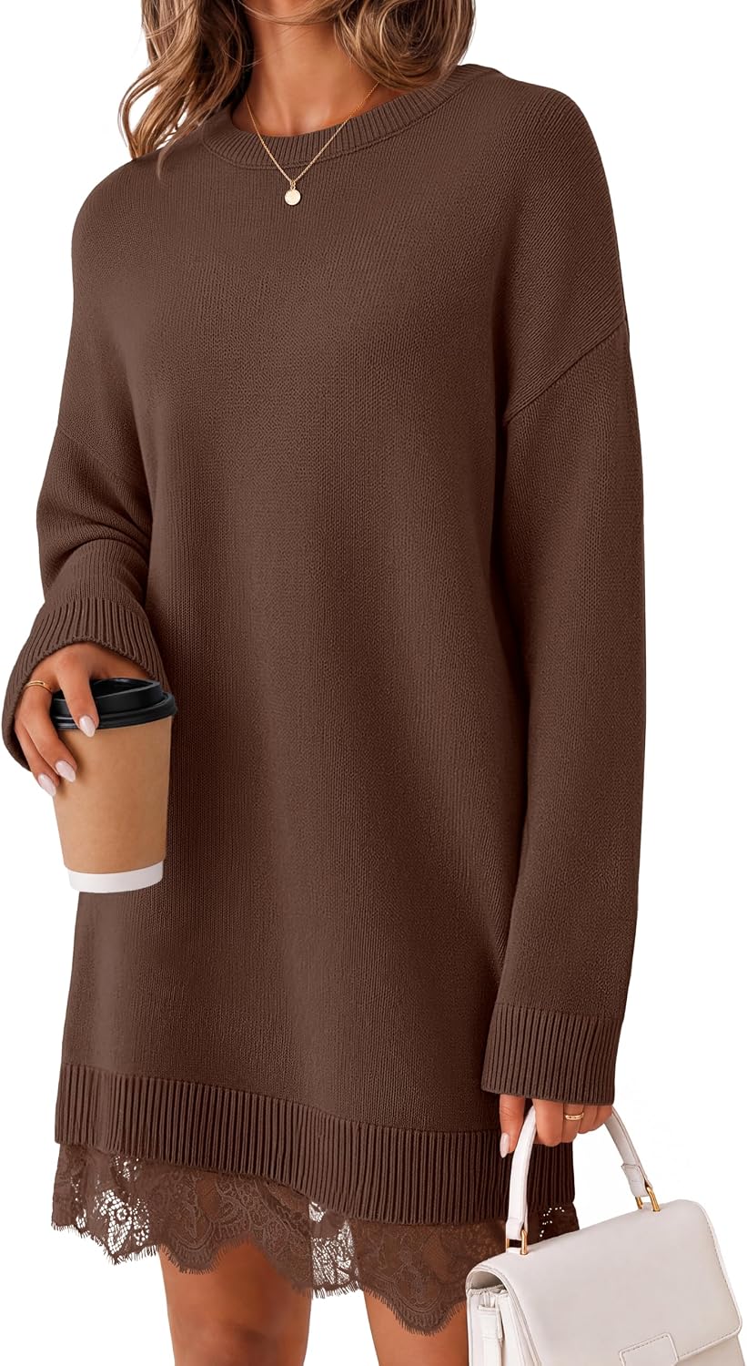 Oversized long sleeve knit sweater dress with crew neck and lace trim