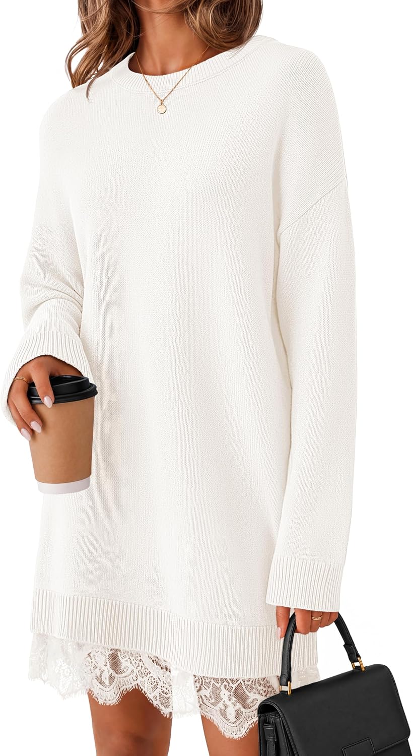 Oversized long sleeve knit sweater dress with crew neck and lace trim