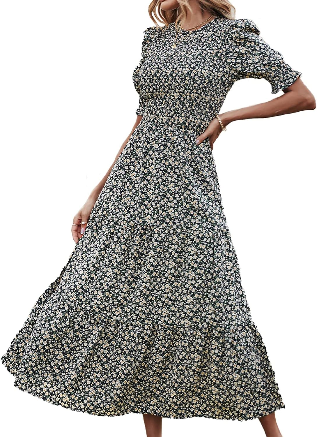 Smocked maxi dress with puff sleeves and tiered skirt