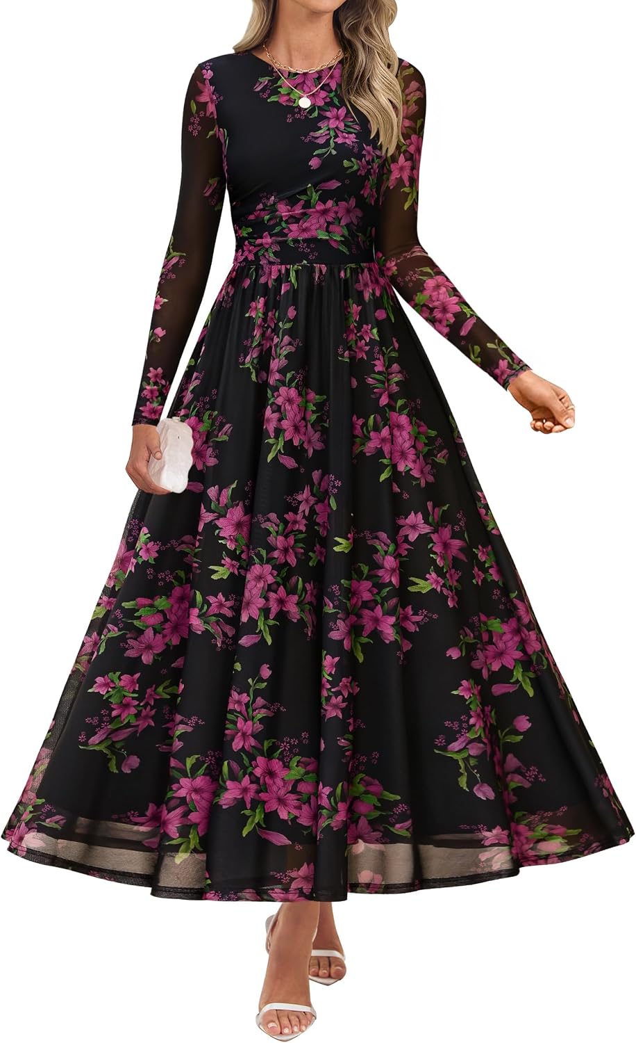 Floral print maxi dress with sheer mesh long sleeves and ruched detailing
