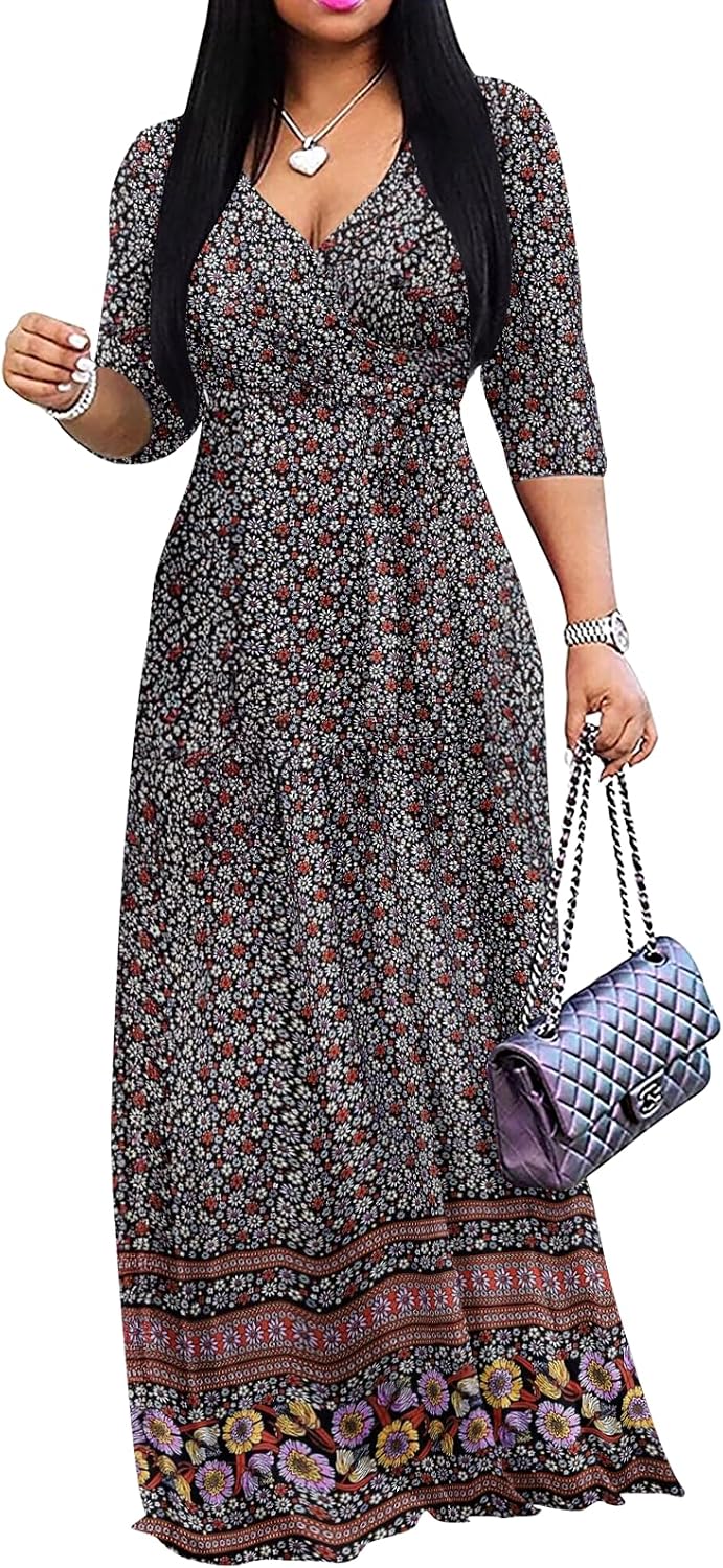 Wrap-style maxi dress with V-neck, 3/4 sleeves, and side pockets