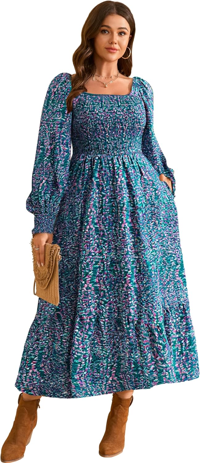Plus size floral maxi dress with long sleeves and empire waist