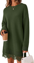 Oversized long sleeve knit sweater dress with crew neck and lace trim