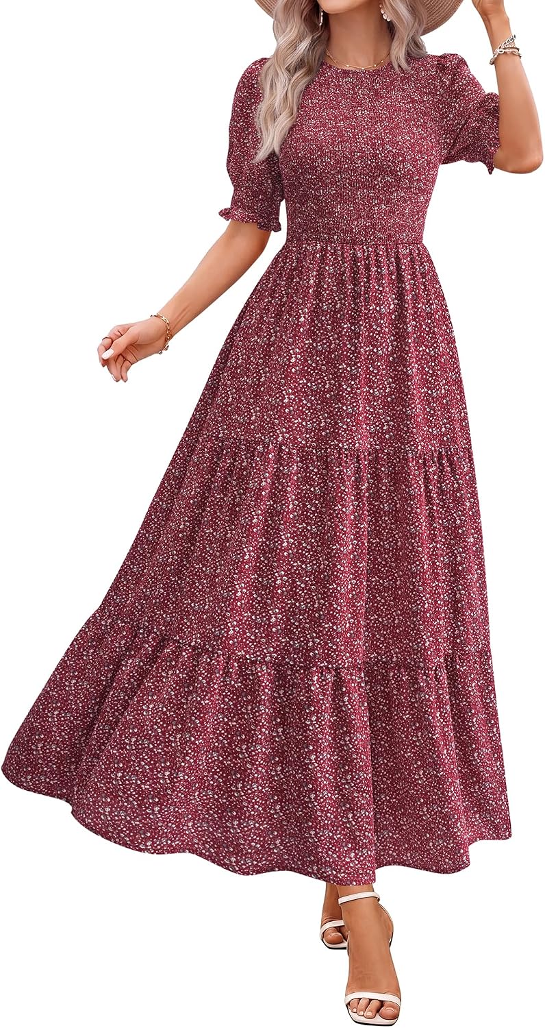 Smocked maxi dress with puff sleeves and tiered skirt