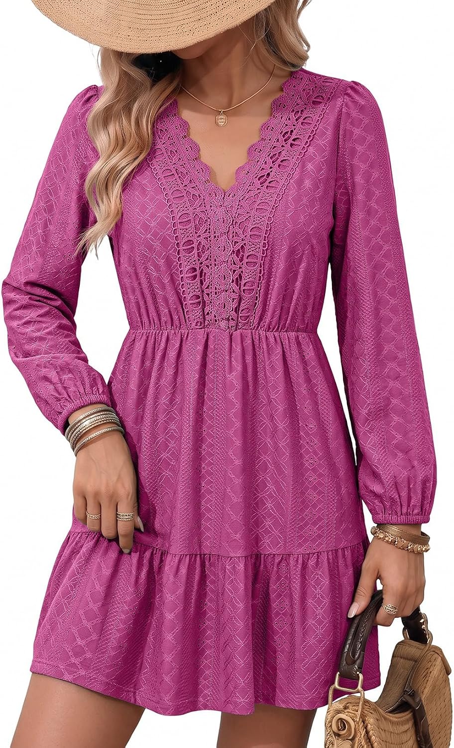 Lace embroidered A-line dress with V-neck, long sleeves, and tiered skirt