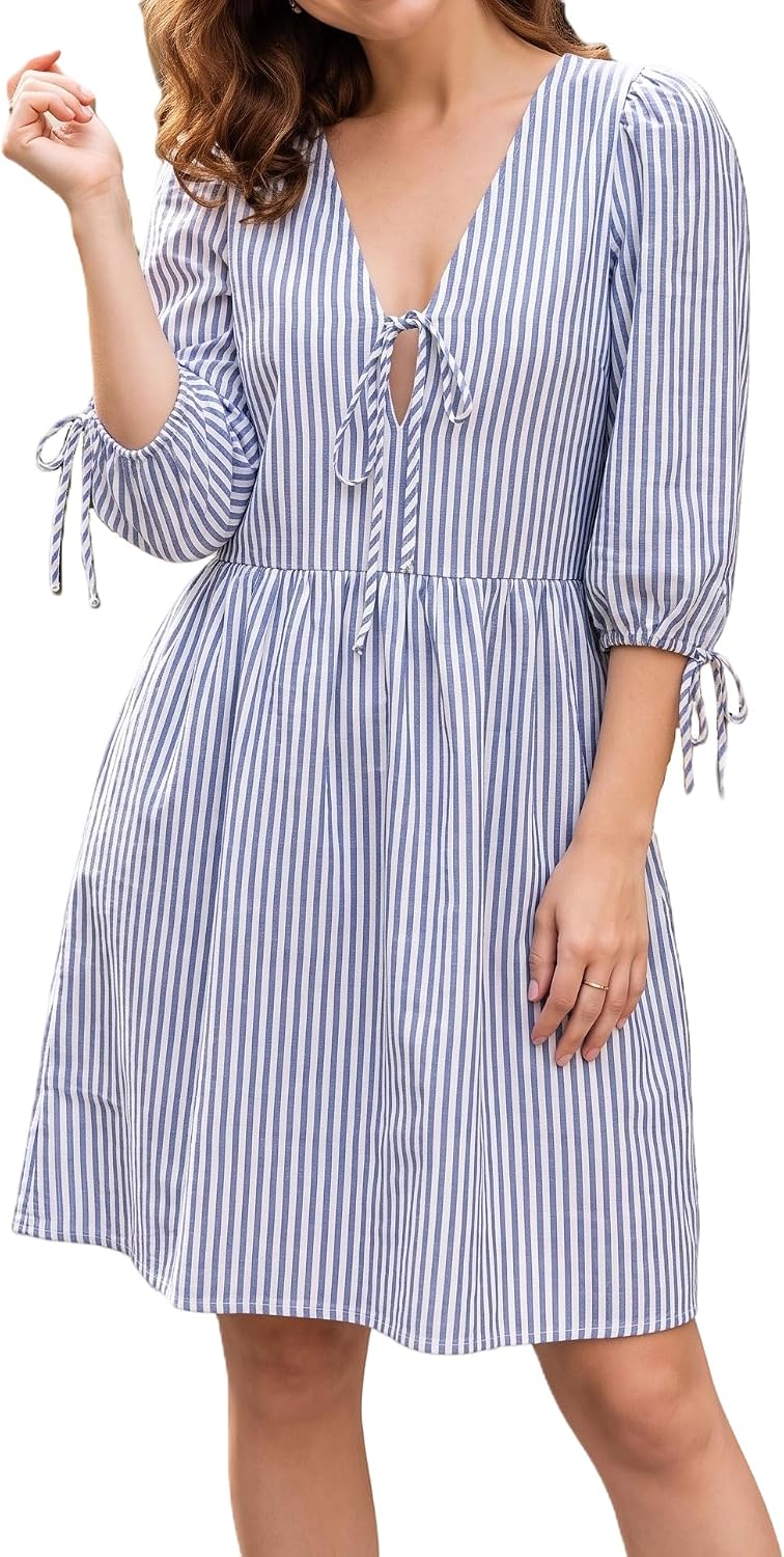 Striped babydoll dress with puff sleeves