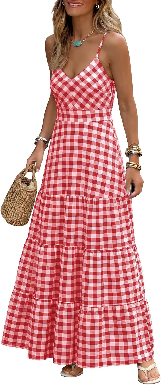 Gingham plaid maxi dress with spaghetti straps and a smocked back