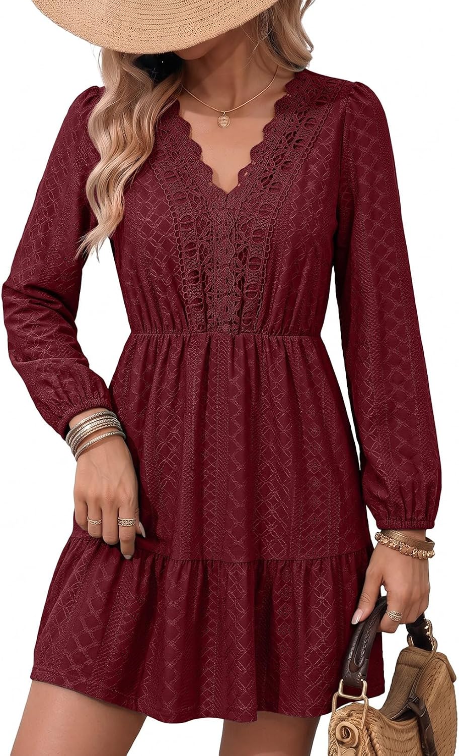 Lace embroidered A-line dress with V-neck, long sleeves, and tiered skirt
