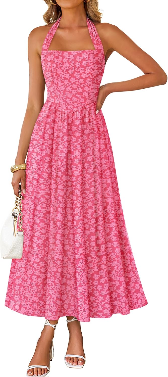Floral halter maxi dress with flowy A-line skirt