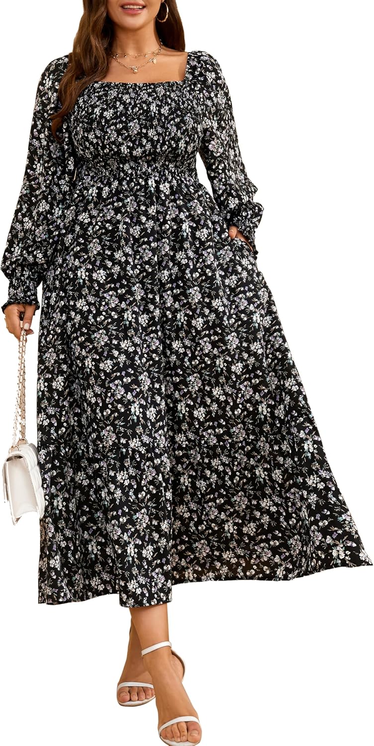 RWJ Women Plus Size Fall Dresses Long Sleeve Smocked Boho Floral Maxi Dress | 2026 Square Neck Empire Waist A-line Casual Wedding Guest Baby Shower Holiday Party Beach Vacation Spring Dresses With Pocket