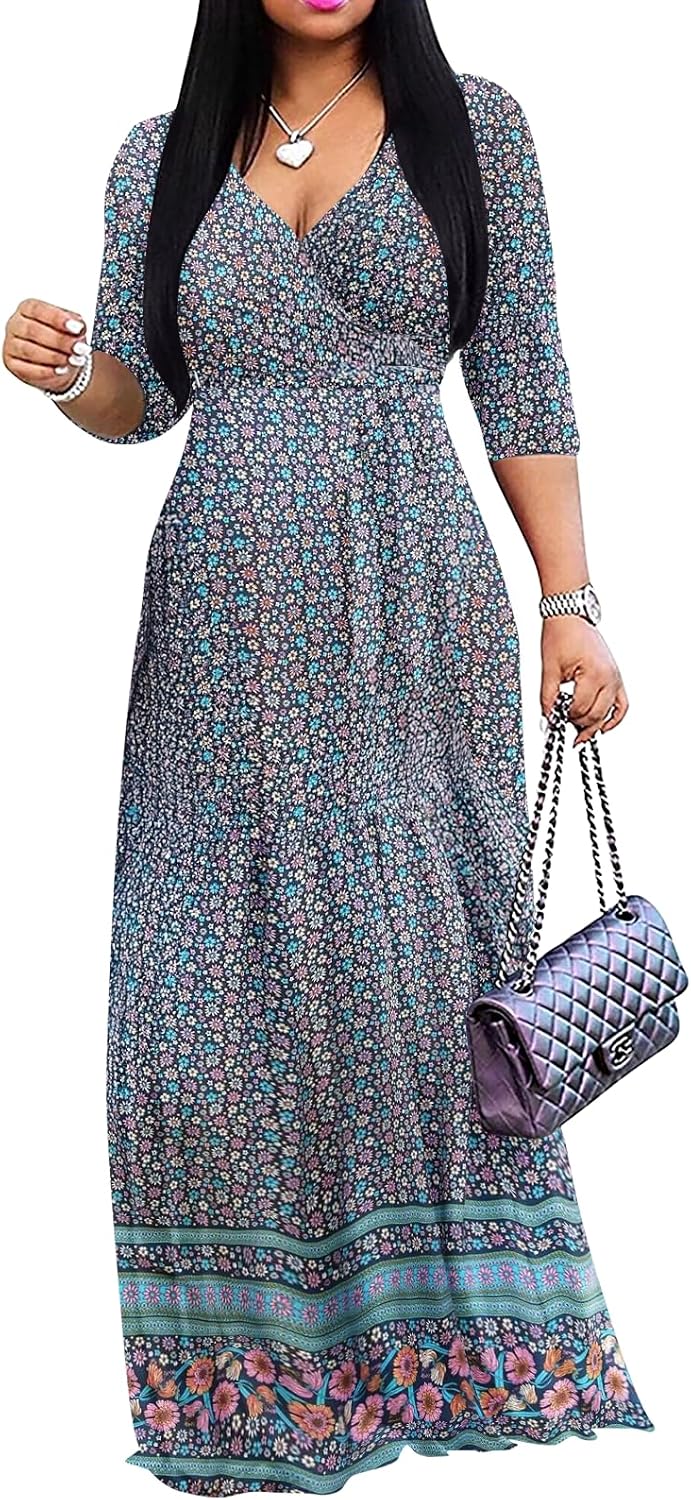Wrap-style maxi dress with V-neck, 3/4 sleeves, and side pockets