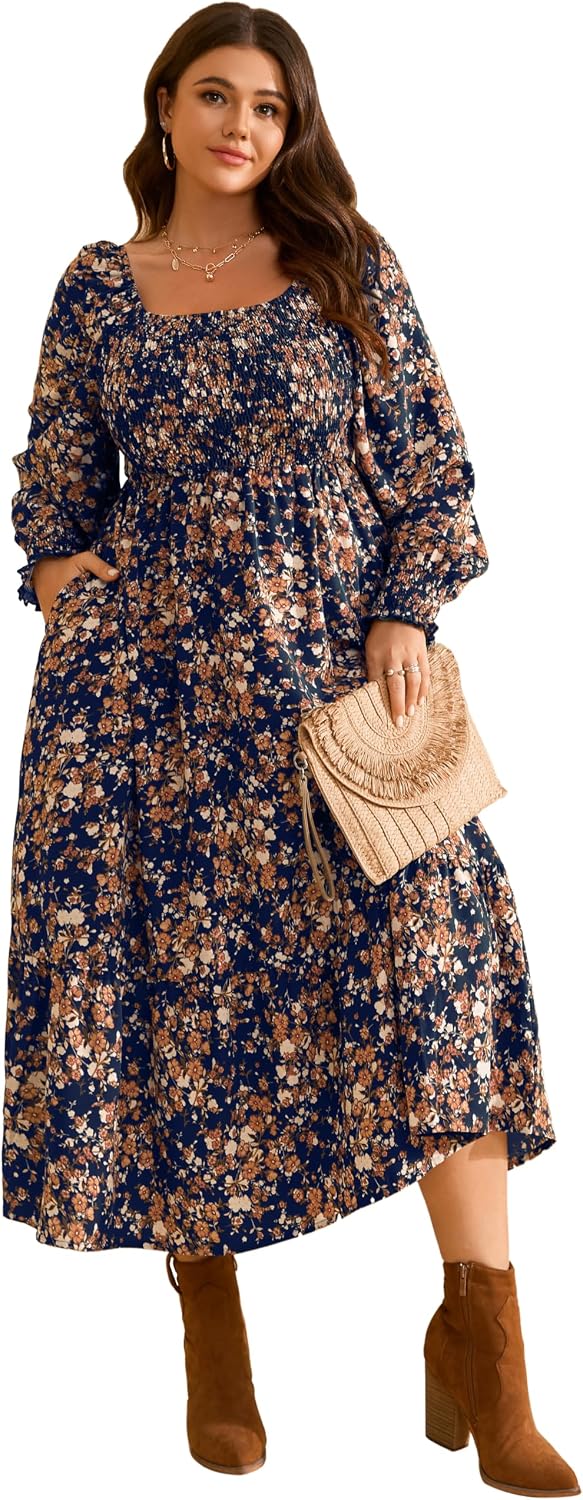 RWJ Women Plus Size Fall Dresses Long Sleeve Smocked Boho Floral Maxi Dress | 2026 Square Neck Empire Waist A-line Casual Wedding Guest Baby Shower Holiday Party Beach Vacation Spring Dresses With Pocket