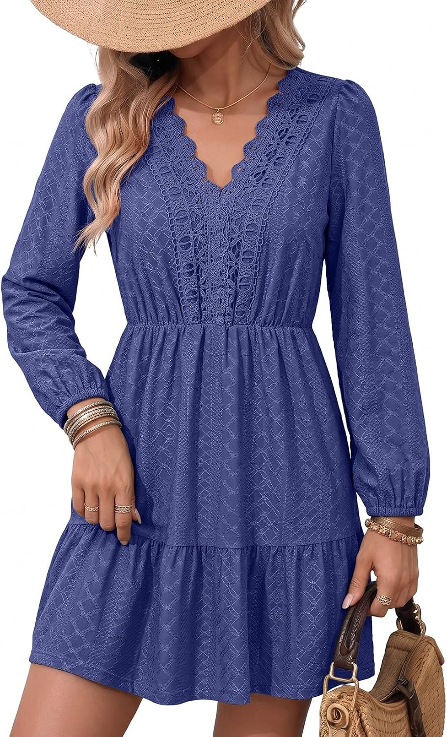 Lace embroidered A-line dress with V-neck, long sleeves, and tiered skirt