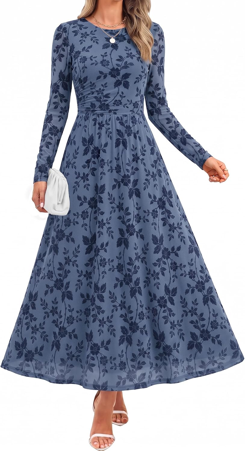Floral print maxi dress with sheer mesh long sleeves and ruched detailing